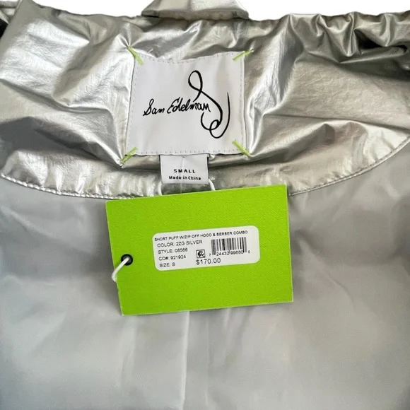 Sam Edelman METALLIC FLEECE TRIM HOODED PUFF COAT IN SILVER NWT - Picture 12 of 14